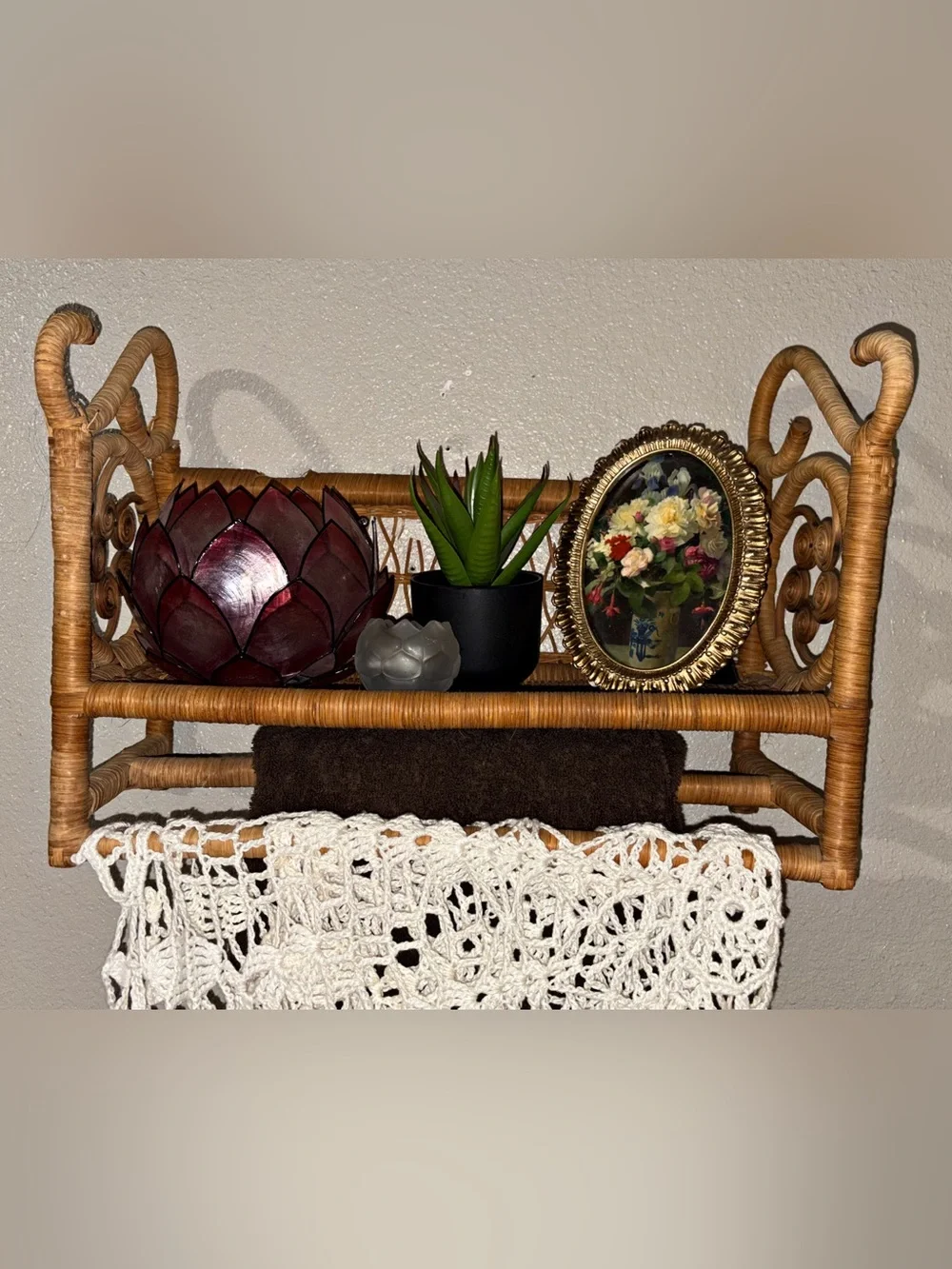 Vintage Boho Wicker Rattan Wall Shelf with Towel Bar & Scroll Sides